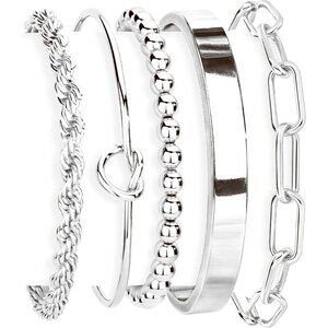 👑Women's Silver Set of 5 Beaded Stackable Jewelry Cuff Bangles Bracelets Set
